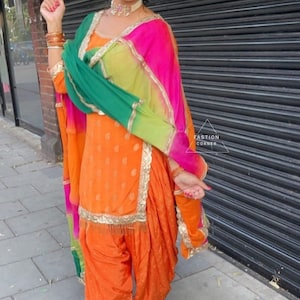 Orange Brocade Punjabi Salwar Suit: Indian Wedding Outfit with Chiffon Dupatta