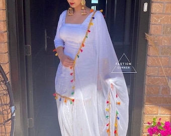 Biały jedwabny strój salwar kameez: sukienka patiala w stylu pendżabskim z dupattą