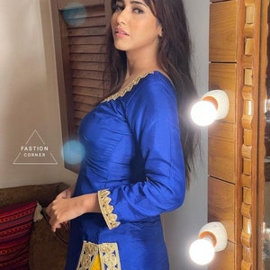 Blue Yellow Designer Work Salwar Kameez With Dupatta Set, Indian Wedding Punjabi Patiala Suit Handmade Salwar Kameez Suit Gift For Her