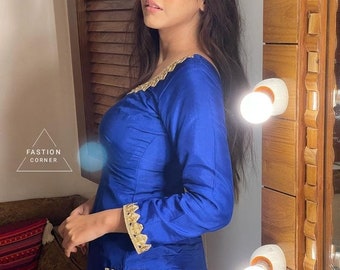 Blue & Yellow Silk Salwar Kameez with Chiffon Dupatta - Indian Wedding Suit