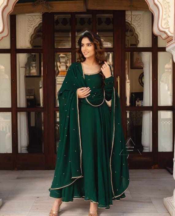 bottle green indian dress Georgette Anarkali Dress: Bollywood Style Punjabi Gown deals
