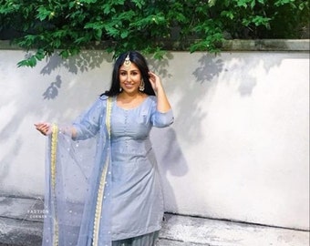 Custom Patiala Salwar Suit: Indian Satin Silk Punjabi Dress with Net Dupatta