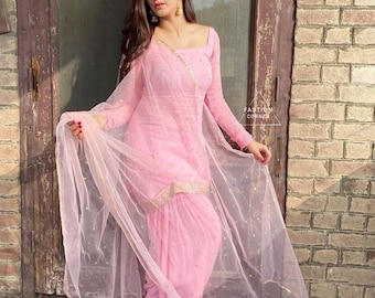 Roze satijnen zijde Salwar Kameez-pak: Punjabi Patiala-jurk