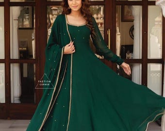 Bottle Green Georgette Anarkali Dress: Bollywood Style Punjabi Gown