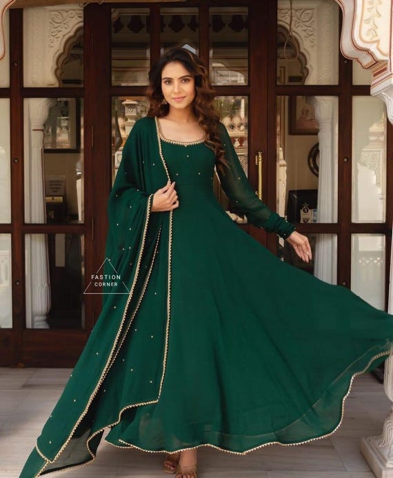 Bottle Green Georgette Anarkali Dress: Bollywood Style Punjabi Gown - Etsy Israel Bottle Green Georgette Anarkali Dress: Bollywood Style Punjabi Gown - Etsy Israel