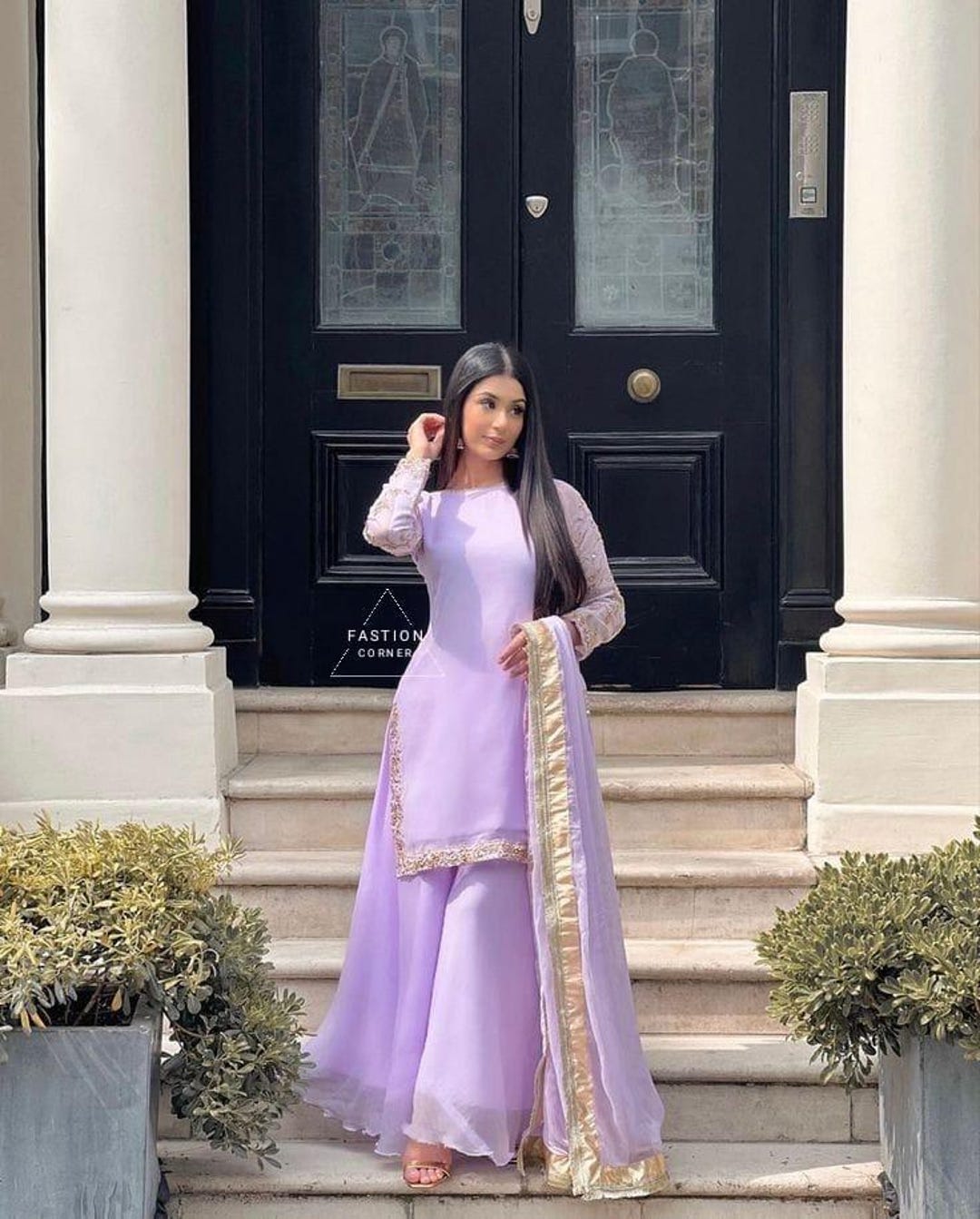 Buy Lavender Georgette Sharara Suit: Lace Work Punjabi Outfit
