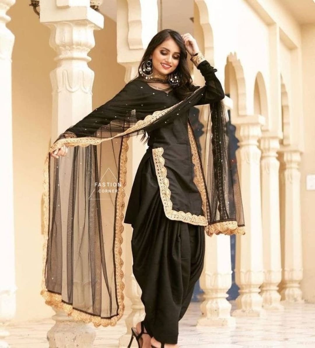 Embroidered Black Crepe Salwar Kameez: Punjabi Suit with Net Dupatta