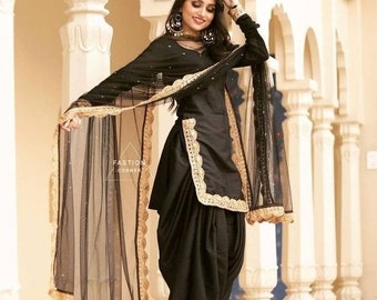 Embroidered Black Crepe Salwar Kameez: Punjabi Suit with Net Dupatta