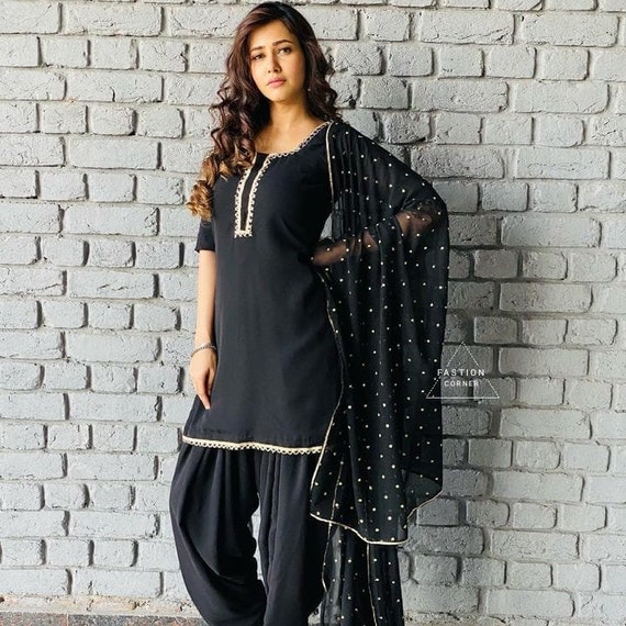Black Salwar Kameez Suit Punjabi Patiala Silk Net Dupatta Custom Stitched  for Girls and Women Designer Suit Made to Measure Suits 
