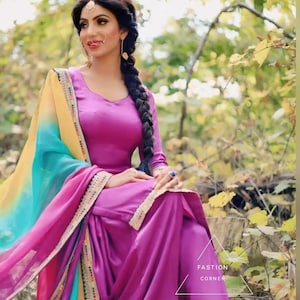 Punjabi Patiala Silk Suit Multi Color Dupatta Ethnic Designer Salwar Kameez Custom Stitched Bollywood Dresses For Women With Earring