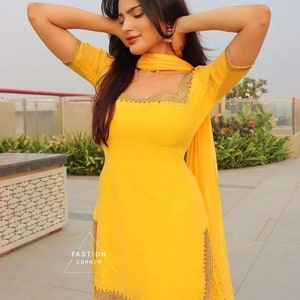 Yellow Georgette Salwar Kameez Suit: Punjabi Patiala Style, Chiffon Dupatta