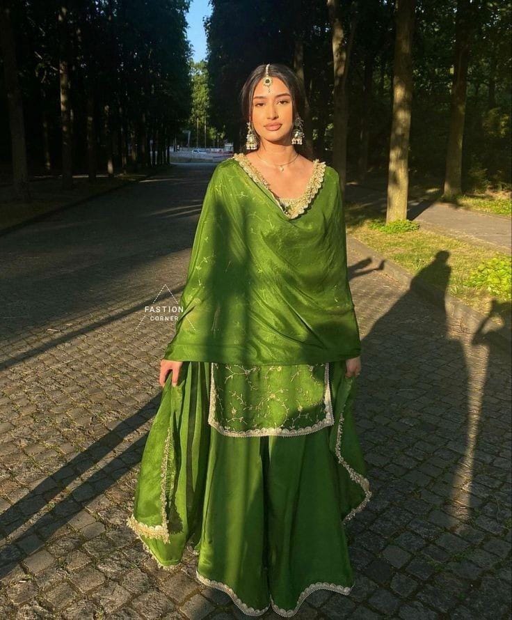 green long dress with flowers Dark Green Heavy Embroidered Sharara Style Suit – Fashneo main image 1