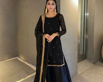 Embroidered Black Georgette Sharara Suit with Chiffon Dupatta: Indian Party Dress