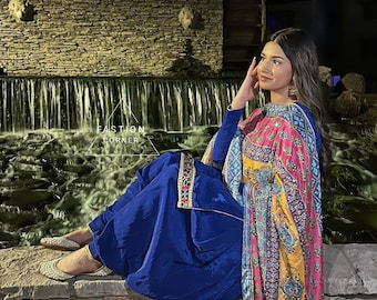 Navy Blue Punjabi Suit Lace Silk Salwar Kameez Made to Measure