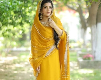 Yellow Crepe Punjabi Suit: Golden Botti Salwar Kameez, Zari Brocade