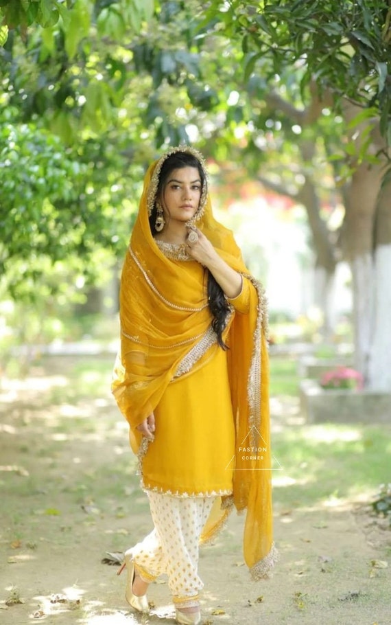Yellow Crepe Punjabi Suit: Golden Botti Salwar Kameez, Zari Brocade