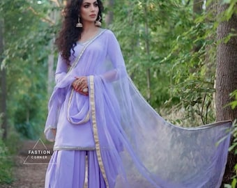 Handgemaakt paars satijnen Salwar Kameez-pak: Punjabi-patiala, veters en net dupatta