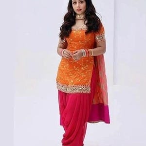 Pink & Orange Georgette Salwar Kameez Suit: Punjabi Patiala Style