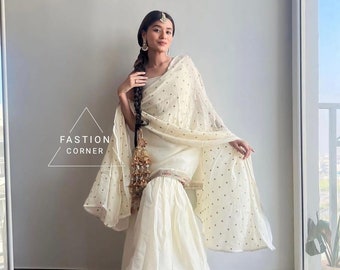 Off White Sharara Kameez: Partywear Raw Silk Suit With Lace