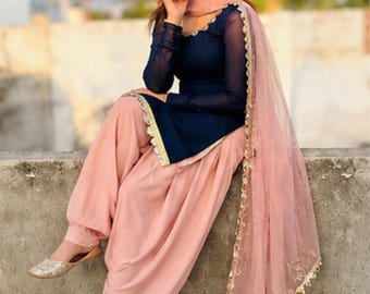 Blue Pink Georgette Punjabi Suit Indian Salwar Kameez with Chiffon Dupatta Custom Made Wedding Guest Outfit Pakistani Party Wear Ethnic Wear