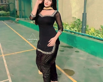 Black Georgette Salwar Kameez Suit Punjabi Patiala Laces & Chiffon Dupatta