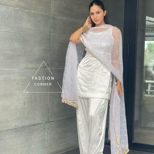 Designer White Salwar Kameez Suit Punjabi Patiala Shalwar Brocade silk Kurta Georgette Dupatta Custom Stitched for Girls and Women&#39;s