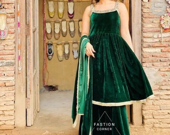 Green Velvet Frock Suit: Indian Bollywood Style Lace Dupatta, Custom Made
