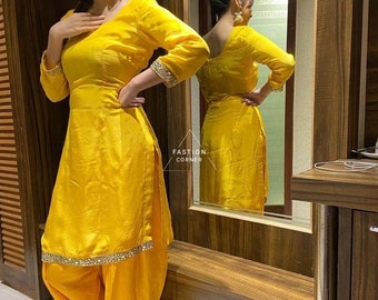 Yellow Silk Salwar Kameez Suit Punjabi Patiala Dress with Laces With Dupatta