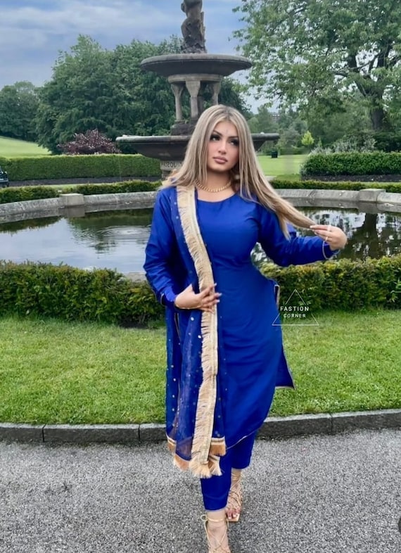 blue punjabi dress Silk Kurti Pant Suit: Embroidered Pajami Royal Blue Quinceanera Dresses coctail dress *Top* Kameez Fabric Size:US 7-7.5 / EU 38