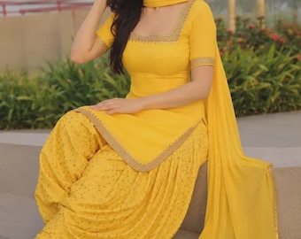 Yellow Georgette Patiala Salwar Kameez Suit with Chiffon Dupatta (Full Stitched)