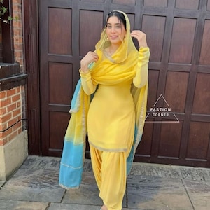 Yellow Georgette Salwar Kameez Suit: Punjabi Patiala Style, Laces & Dori