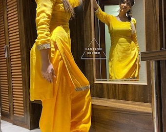 Yellow Silk Salwar Kameez Suit Punjabi Patiala Dress with Laces And Dupatta