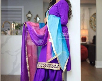 Abito Patiala viola: Salwar Kameez indiano fatto a mano con Dupatta ricamato