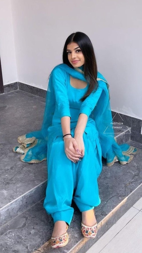 blue punjabi dress Handmade Sky Blue Punjabi Suit: Silk Salwar Kameez With Chiffon Dupatta