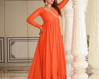 Handmade Georgette Anarkali Gown: Orange Mirror Lace Wedding Suit