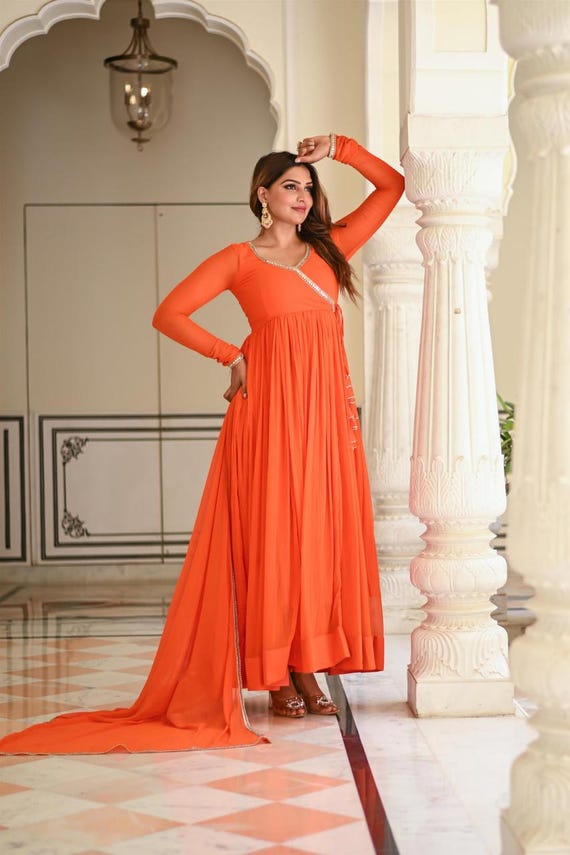 open lace back dress Libas Art Orange Woven Design Silk Blend Anarkali Suit Set with Dupatta