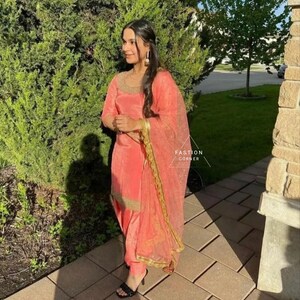 Orange Silk Punjabi Suit: Lace Dupatta, Custom Stitched Kameez