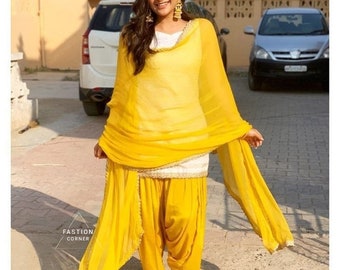 Traje amarillo punjabi patiala: salwar kameez dupatta cosida a medida