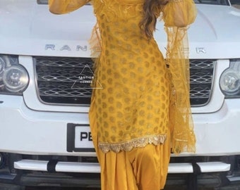 Yellow Brocade Silk Punjabi Suit: Custom Stitched Salwar Kameez