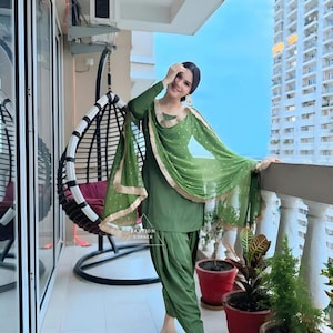 Handmade Designer Green Punjabi Patiala Suit Dupatta Punjabi Patiala Salwar Kameez Suit- Custom-stitched Suit for Women and Girls wear