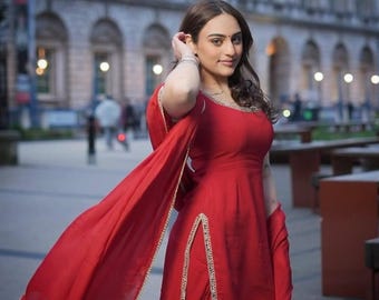 Red Punjabi Patiala Suit: Handmade Crepe Salwar Kameez with Chiffon Dupatta