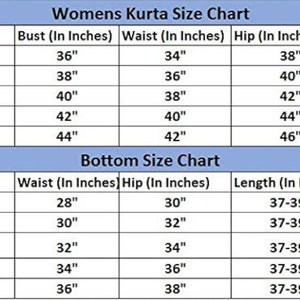 Puede incluir: Una tabla de tallas para kurtas y pantalones para mujeres. La tabla enumera las tallas de la S a la XXL y las medidas correspondientes en pulgadas para el busto, la cintura, la cadera y la longitud.