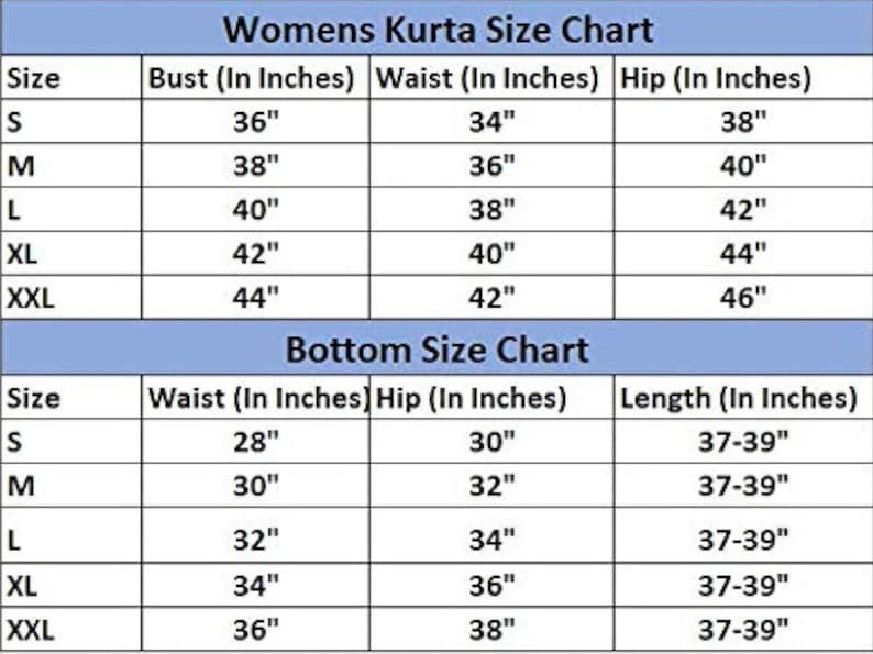Puede incluir: Una tabla de tallas para kurtas y pantalones para mujeres. La tabla enumera las tallas de la S a la XXL y las medidas correspondientes en pulgadas para el busto, la cintura, la cadera y la longitud.