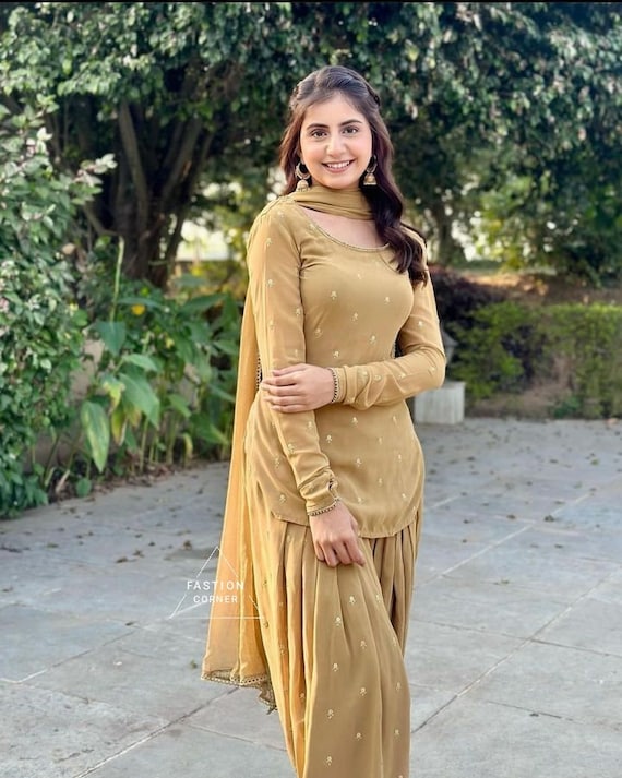 Golden Salwar Kameez Suit: Georgette Punjabi Dress with Chiffon Dupatta