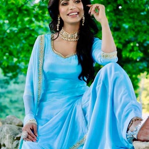Sky Blue Salwar Kameez Suit Dupatta ethnic party wear stitched to measure dress for women Indian Designer Custom made With Matching Earring