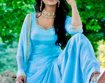 Abito Salwar Kameez in seta blu cielo, abito da festa indiano ricamato