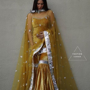 Velvet Sharara Suit: Yellow Embroidered Indian Wedding Outfit