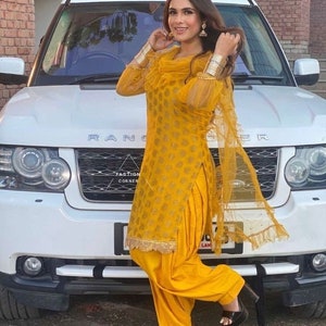 Yellow Punjabi Patiala Brocade Silk Latest designer salwar Kameez Custom Stitched Dress for Women and Girl Made to measure Suit Wedding Wear