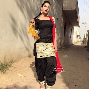 Preto designer simples punjabi patiala salwar terno preto seda pura kurti shalwar terno de trabalho de renda terno de festa com brinco