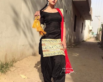 Black Silk Punjabi Suit: Patiala Shalwar Kameez with Lace